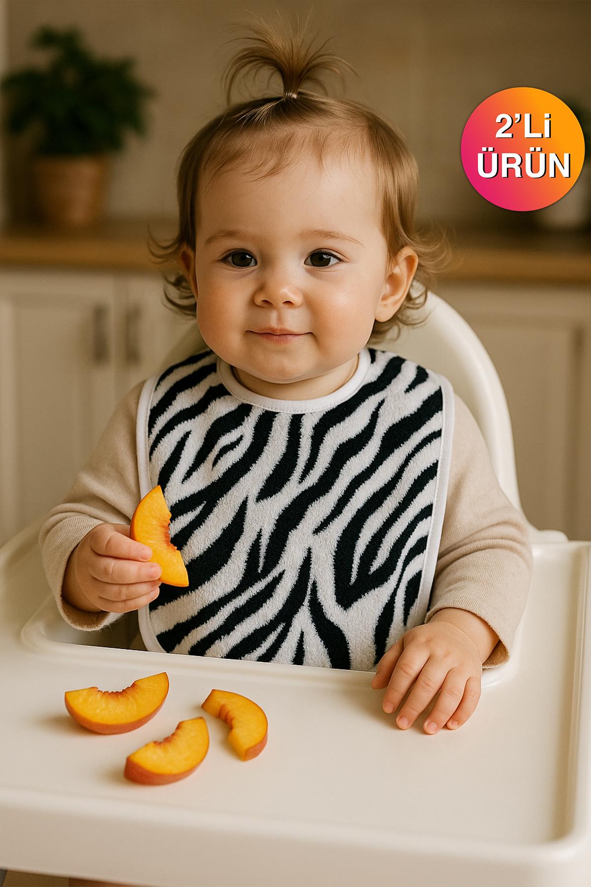 Wild Spirit 2'li Zebra Desenli Bebek Mama Önlüğü – Sıvı Geçirmez %100 Pamuk 25x40 Cm Zebra Baskılı- Beyaz Biyeli - Ender Home