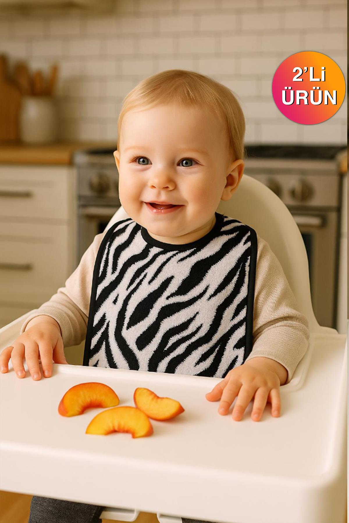 Wild Spirit 2'li Zebra Desenli Bebek Mama Önlüğü – Sıvı Geçirmez %100 Pamuk 25x40 Cm Zebra Desen-Siyah Biyeli - Ender Home