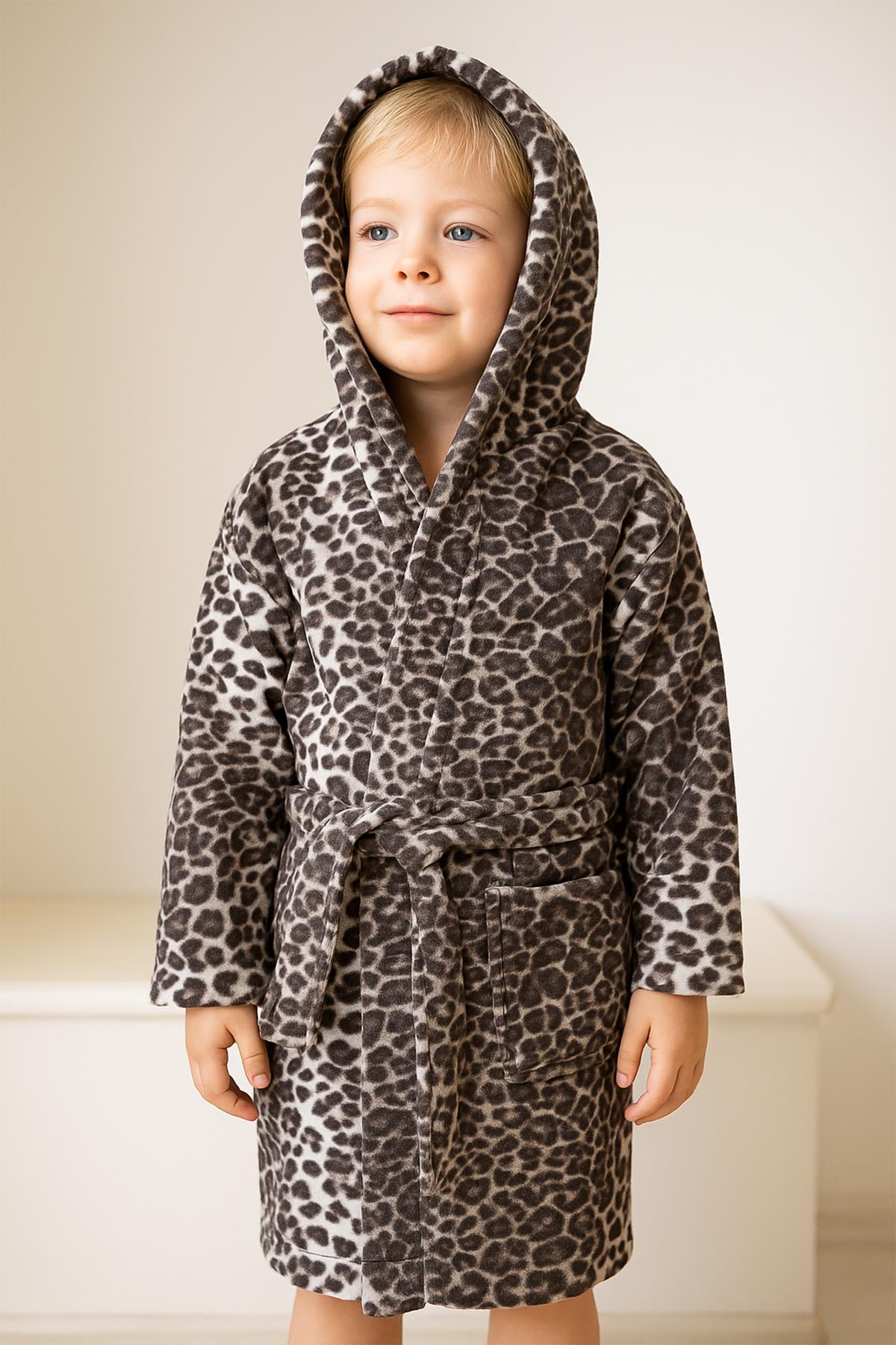 Wild Spirit Leopar Desen Genç & Çocuk Kapşonlu Bornoz – %100 Pamuk, Unisex Leopar baskılı - Ender Home