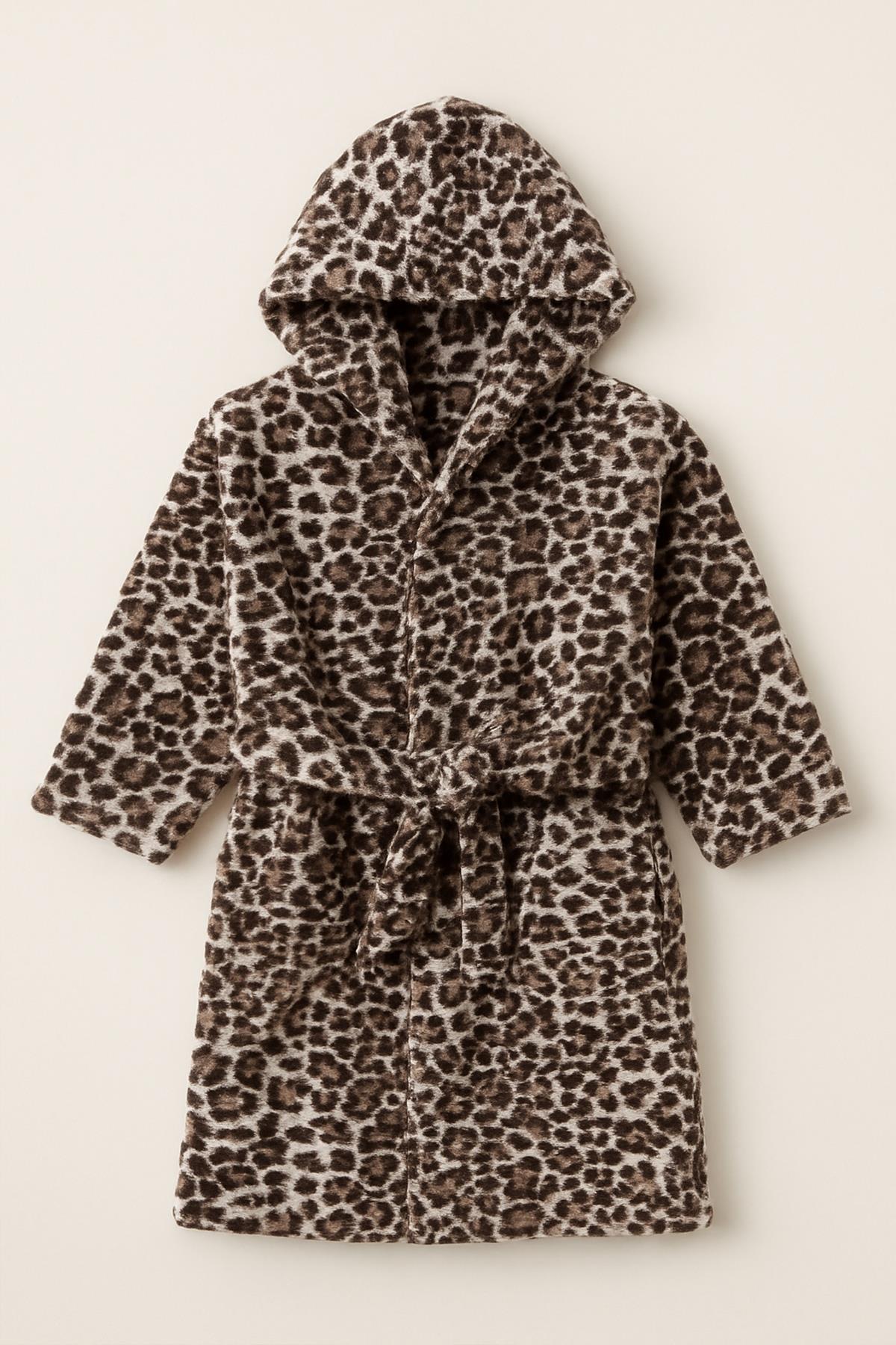 Wild Spirit Leopar Desen Genç & Çocuk Kapşonlu Bornoz – %100 Pamuk, Unisex Leopar baskılı - Ender Home