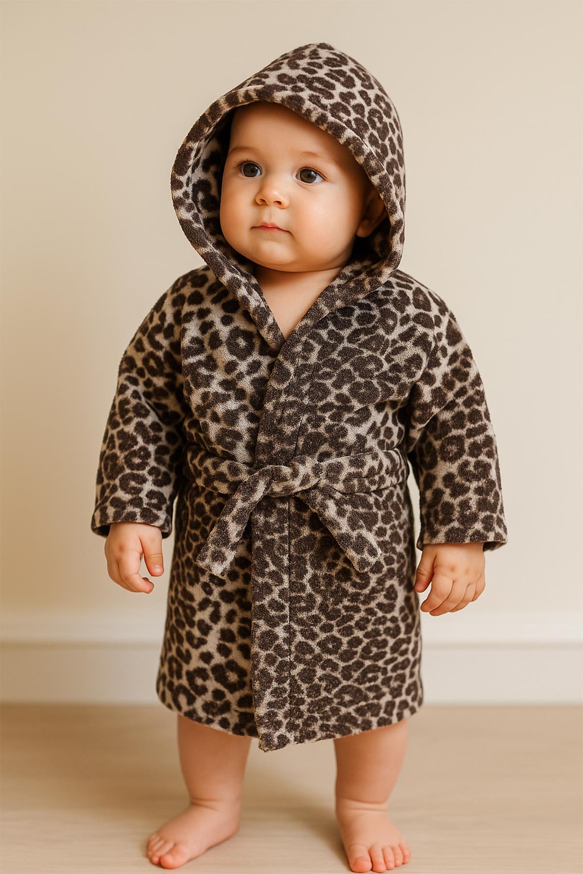 Wild Spirit Leopar Desenli Bebek & Çocuk Kapşonlu Bornoz – %100 Pamuk, Unisex Leopar baskılı - Ender Home