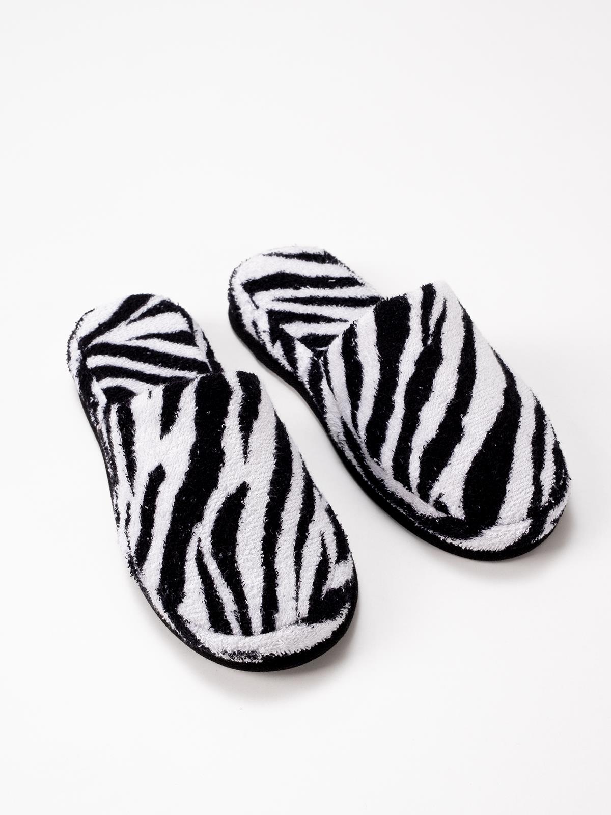 Wild Spirit Zebra Desen Banyo Ve Ev Terliği – %100 Pamuk Havlu Kaymaz Kalın Taban Zebra Baskılı- Siyah Biyeli - Ender Home