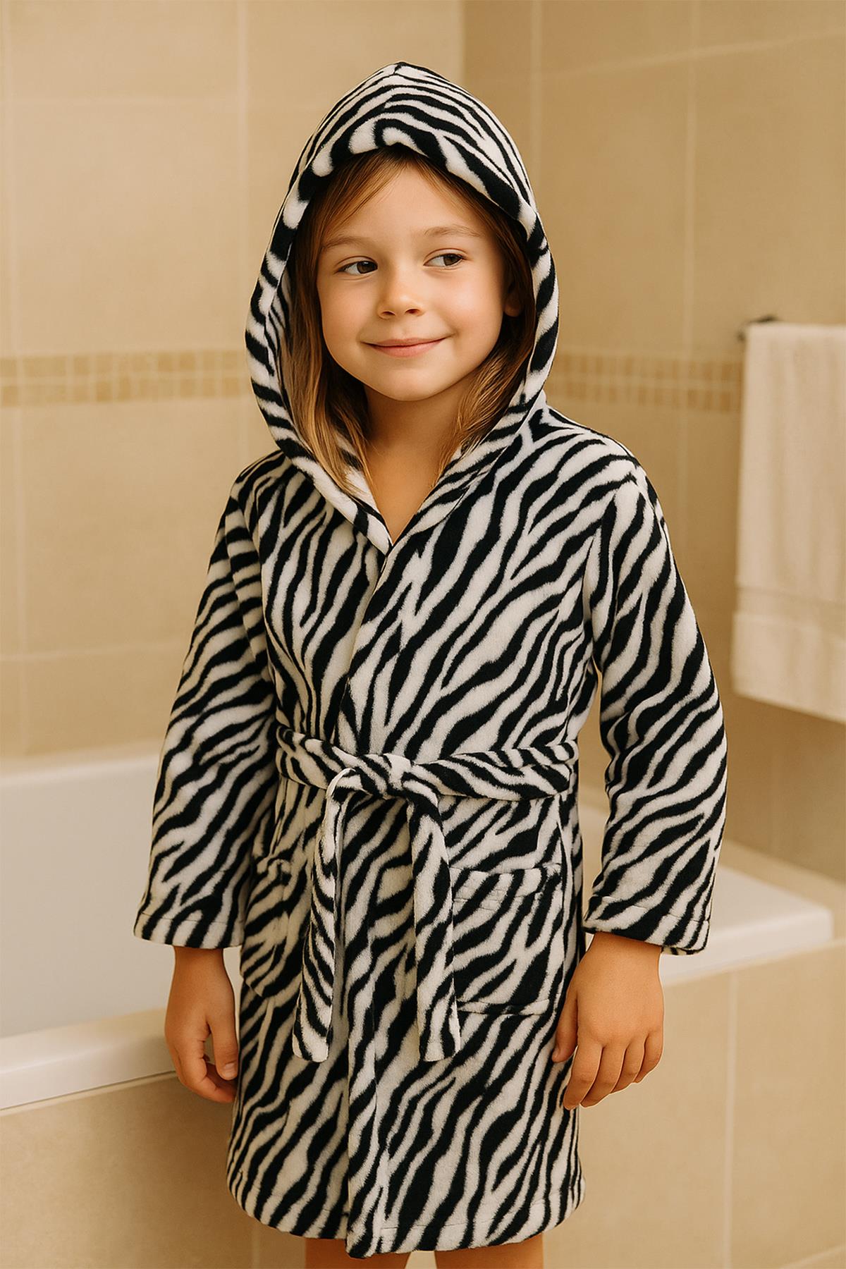 Wild Spirit Zebra Desen Genç & Çocuk Kapşonlu Bornoz – %100 Pamuk, Unisex Zebra Baskılı - Ender Home