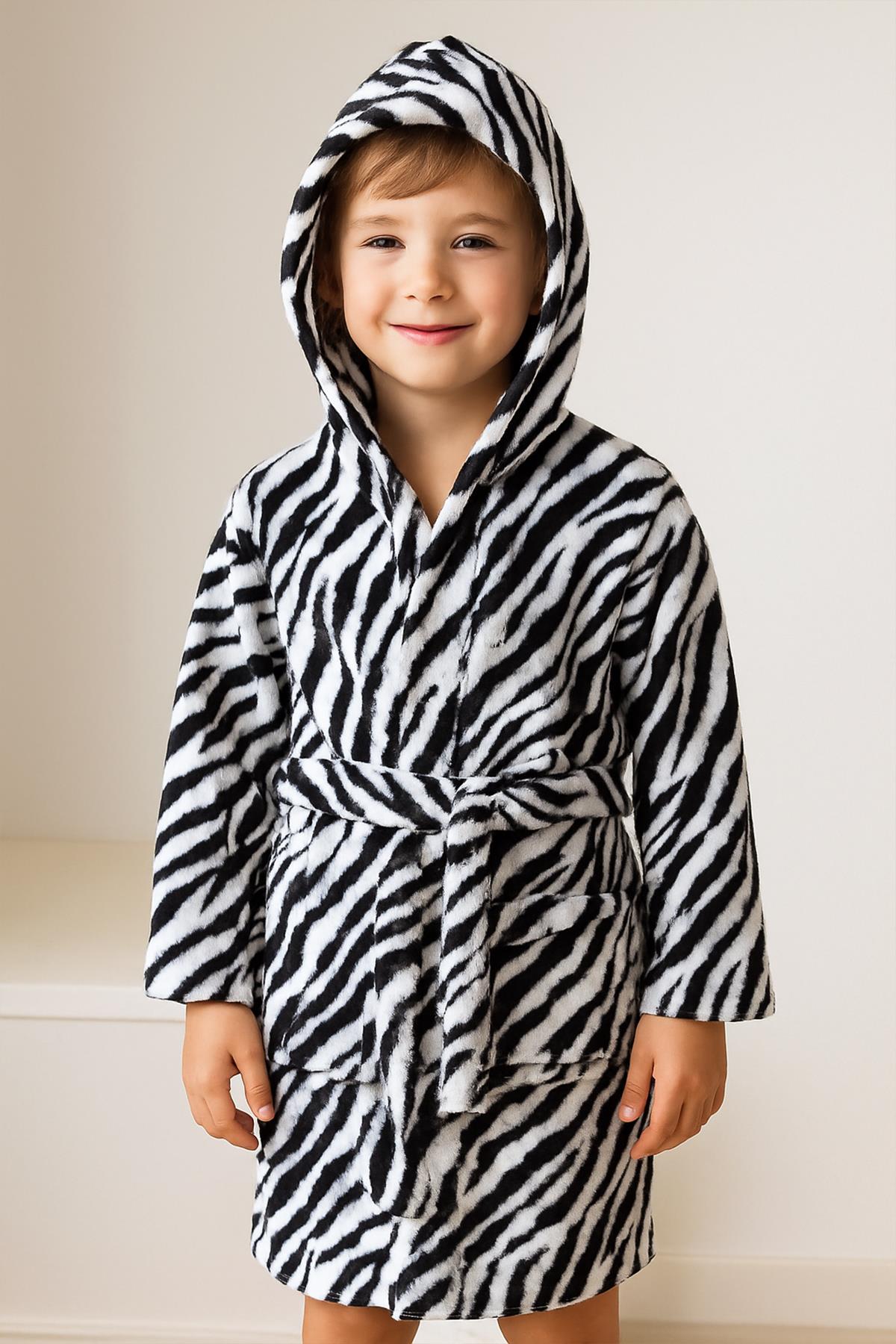 Wild Spirit Zebra Desen Genç & Çocuk Kapşonlu Bornoz – %100 Pamuk, Unisex Zebra Baskılı - Ender Home