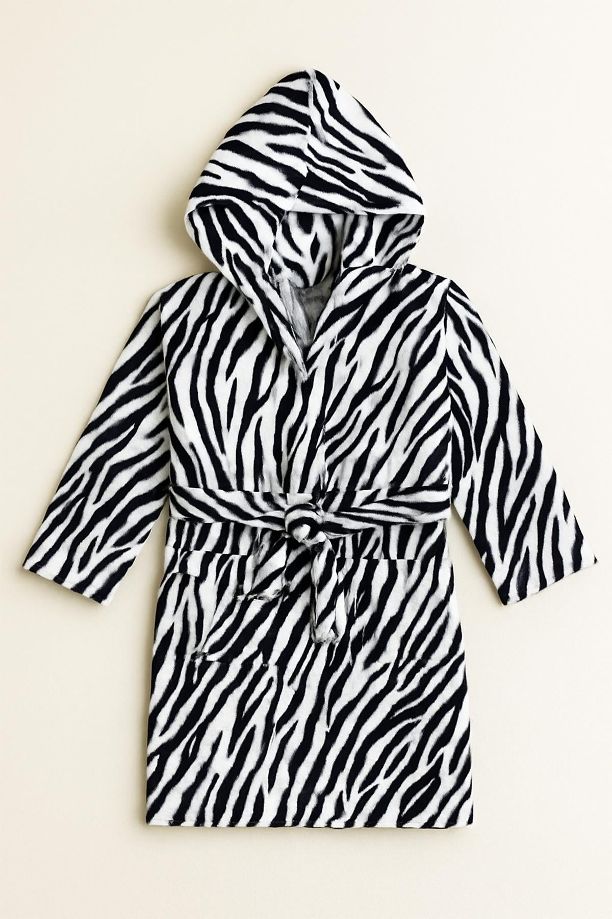 Wild Spirit Zebra Desen Genç & Çocuk Kapşonlu Bornoz – %100 Pamuk, Unisex Zebra Baskılı - Ender Home