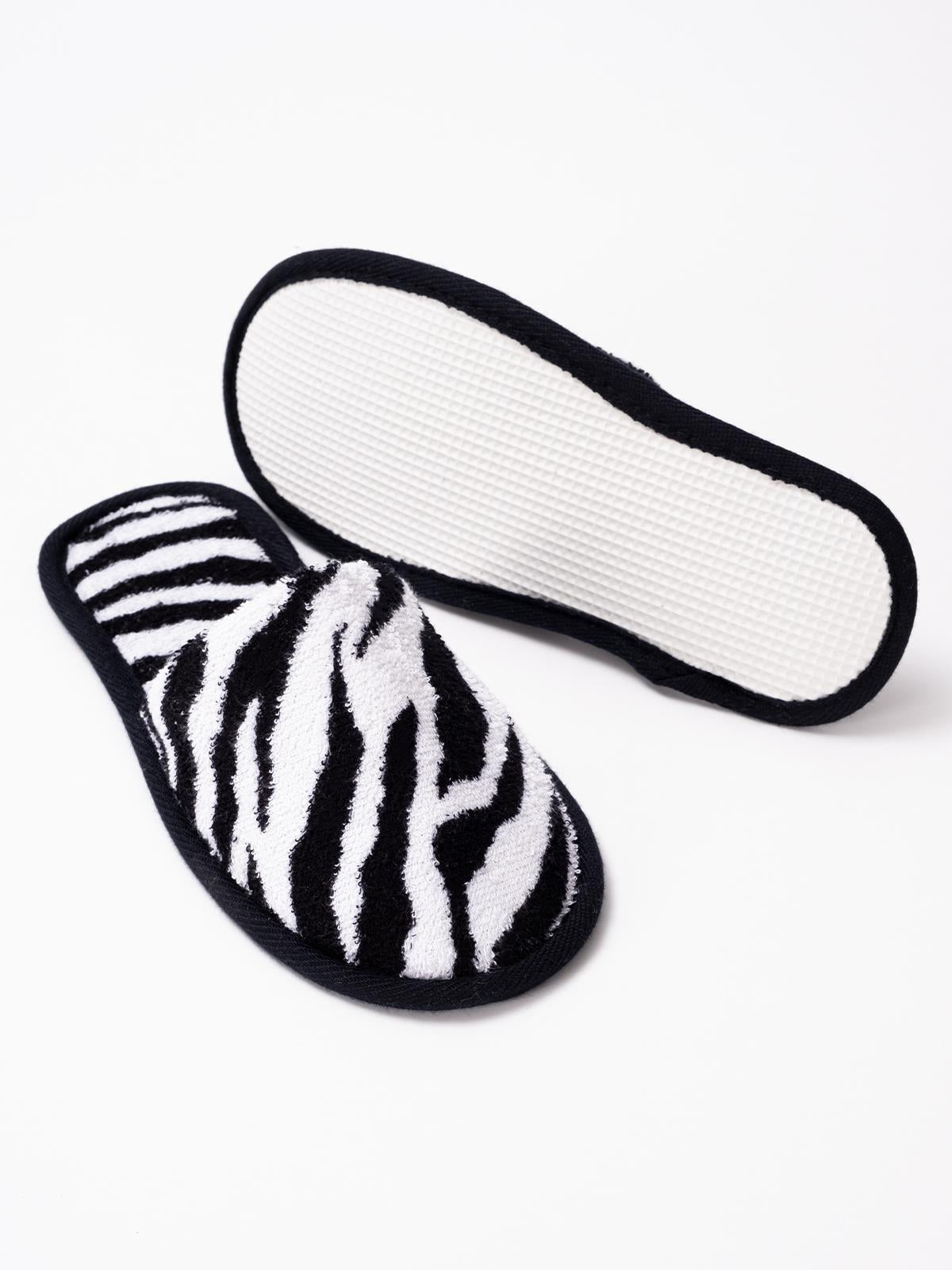 Wild Spirit Zebra Desenli Banyo Ve Ev Terliği – %100 Pamuk Havlu Kaymaz İnce Taban Zebra Baskılı- Siyah Biyeli - Ender Home