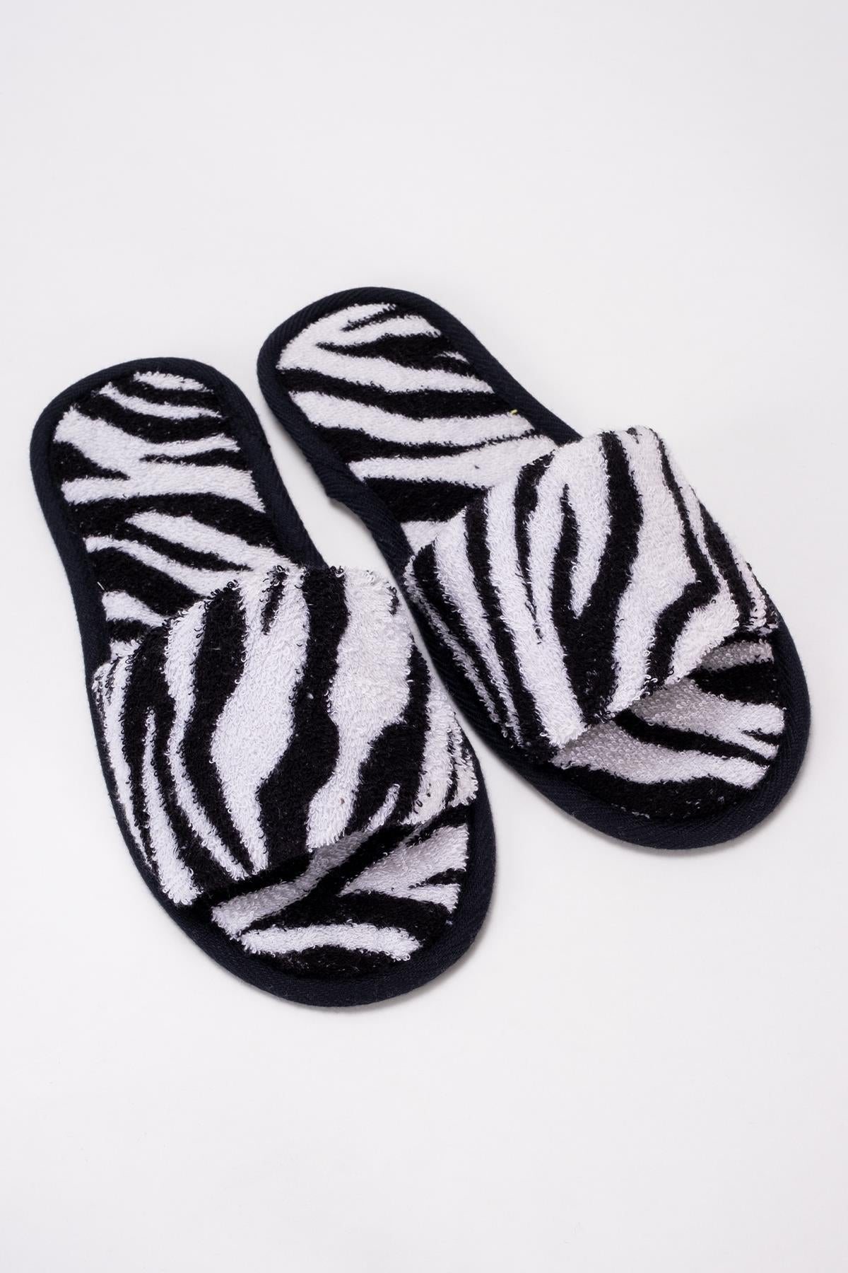 Wild Spirit Zebra Desenli Banyo Ve Ev Terliği – %100 Pamuk Havlu Kaymaz İnce Taban Zebra Baskılı- Siyah Biyeli - Ender Home