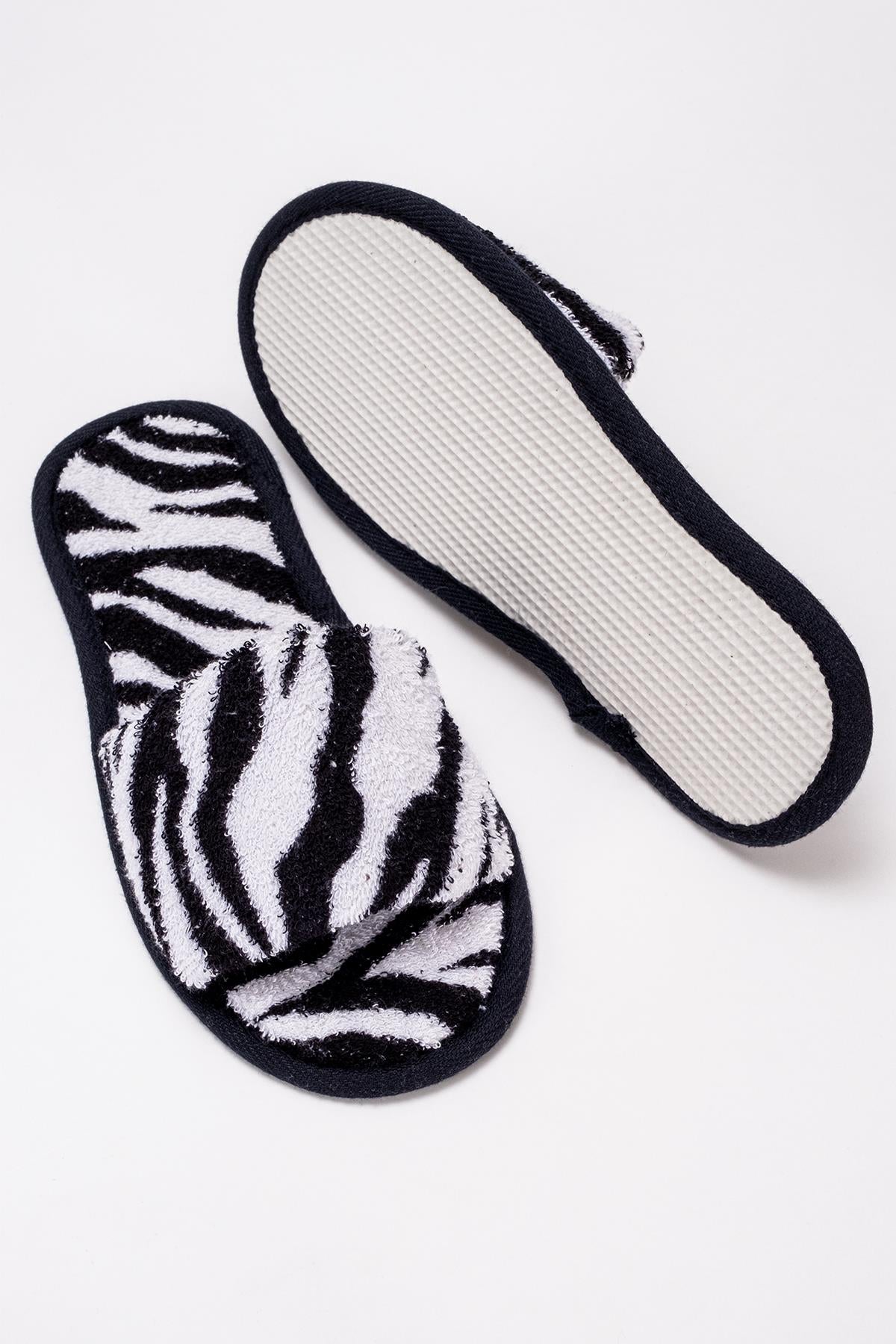 Wild Spirit Zebra Desenli Banyo Ve Ev Terliği – %100 Pamuk Havlu Kaymaz İnce Taban Zebra Baskılı- Siyah Biyeli - Ender Home