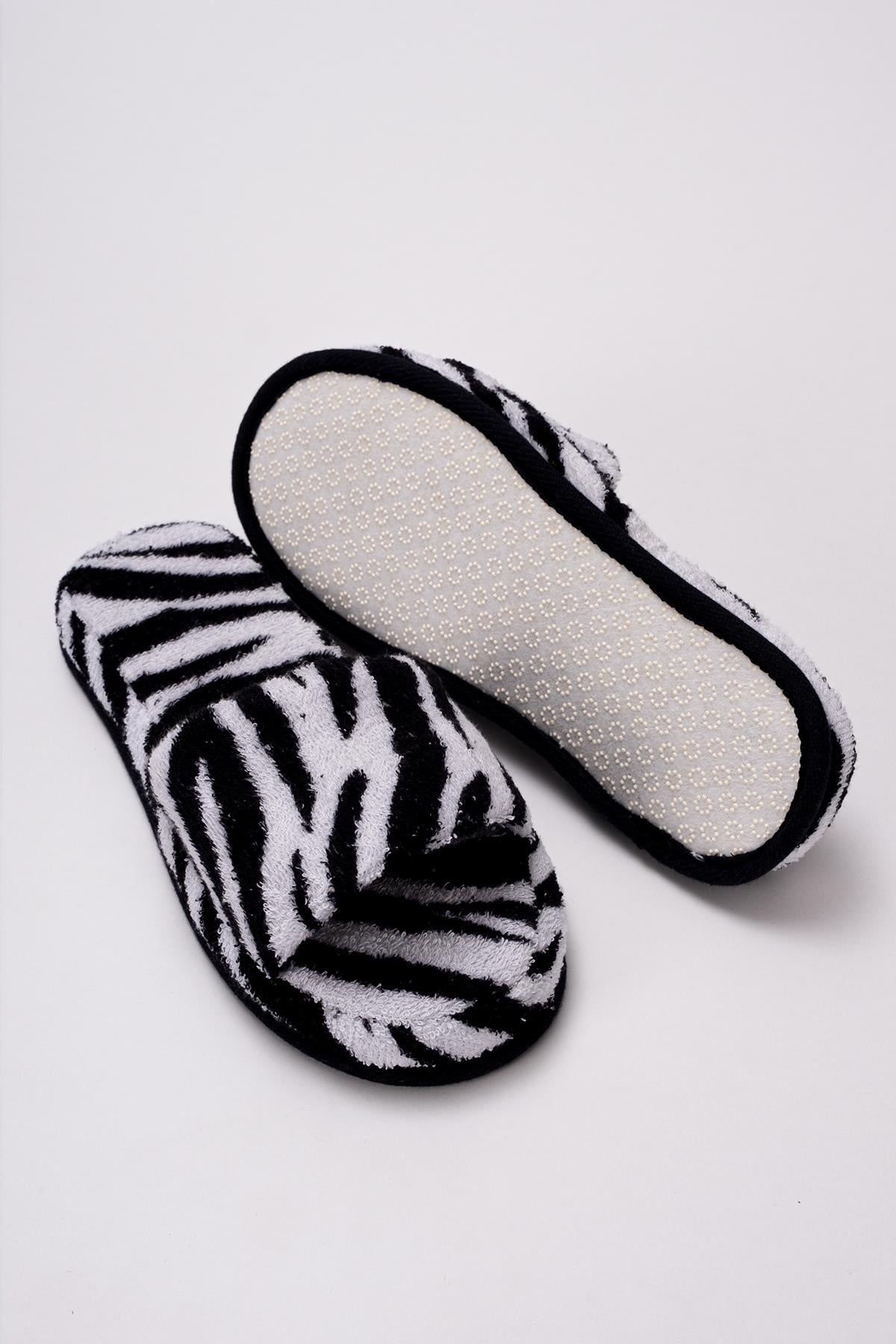 Wild Spirit Zebra Desenli Banyo Ve Ev Terliği – %100 Pamuk Havlu Kaymaz Kalın Taban Zebra Baskılı- Siyah Biyeli - Ender Home