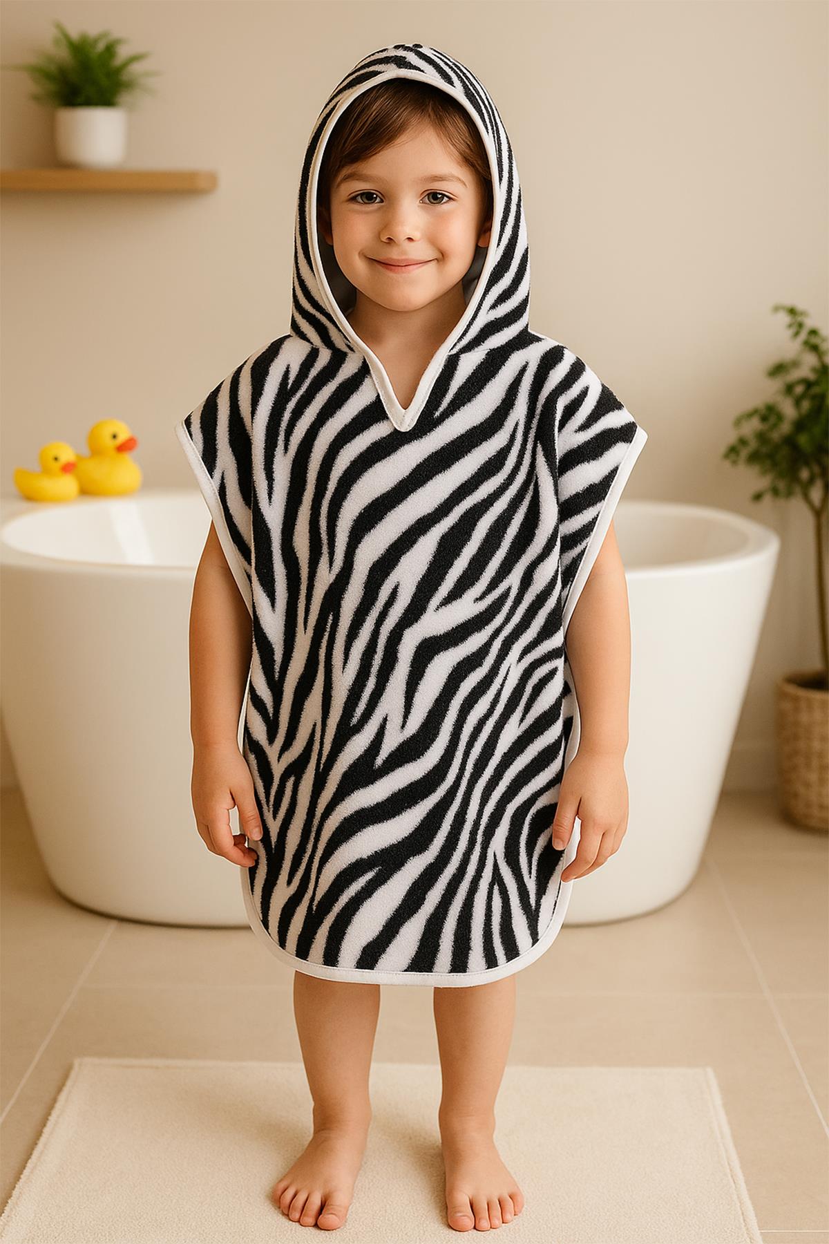 Wild Spirit Zebra Desenli Havlu Panço – %100 Pamuk Kapüşonlu Zebra Desen-Beyaz Biyeli - Ender Home