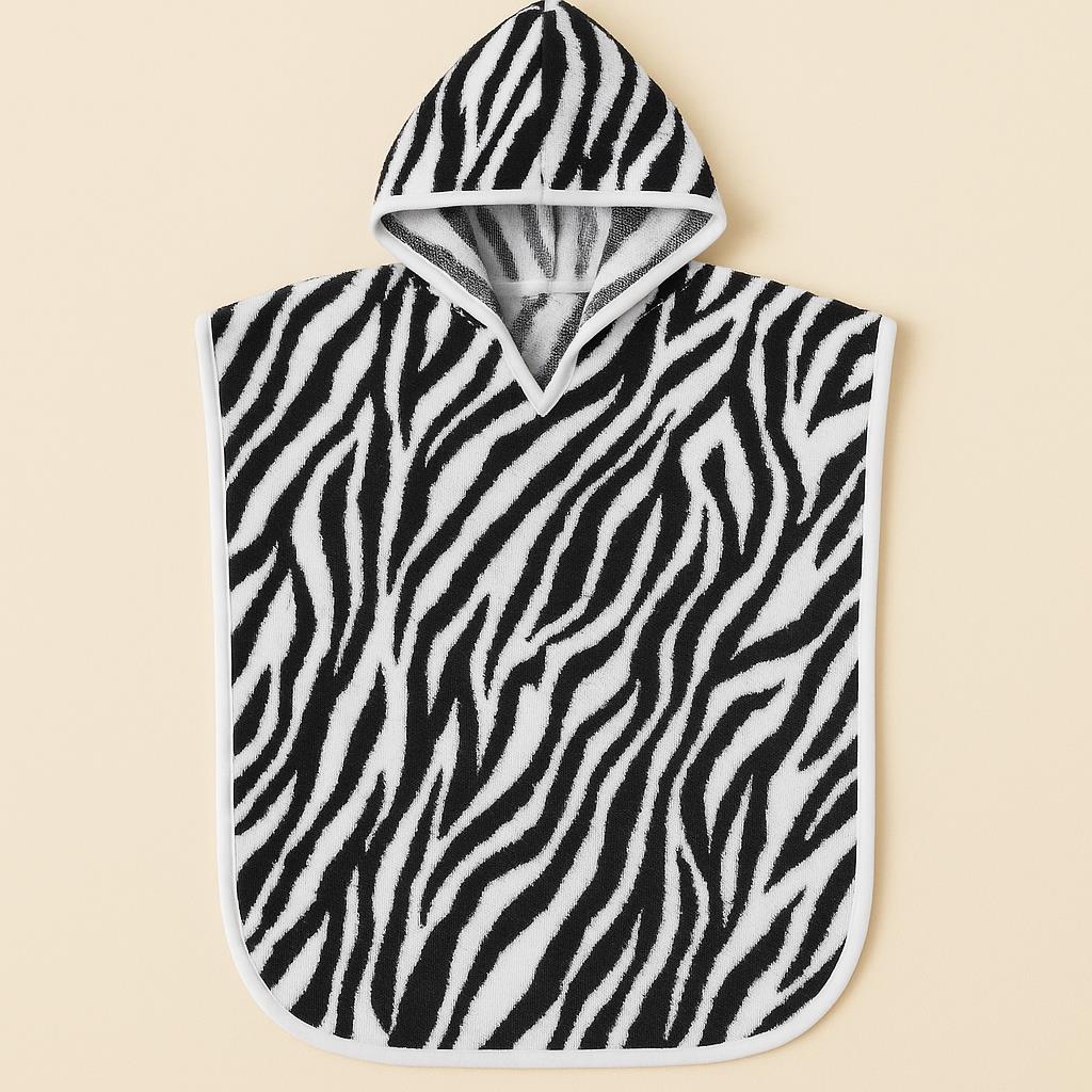Wild Spirit Zebra Desenli Havlu Panço – %100 Pamuk Kapüşonlu Zebra Desen-Beyaz Biyeli - Ender Home
