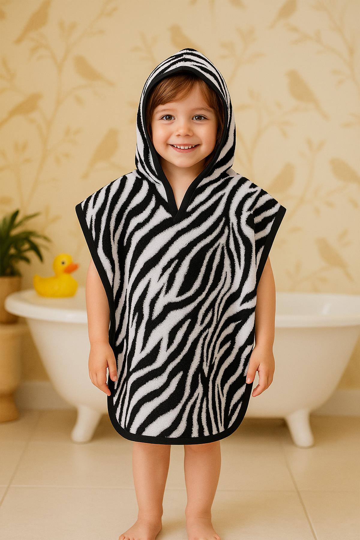 Wild Spirit Zebra Desenli Havlu Panço – %100 Pamuk Kapüşonlu Zebra Desen-Siyah Biyeli - Ender Home