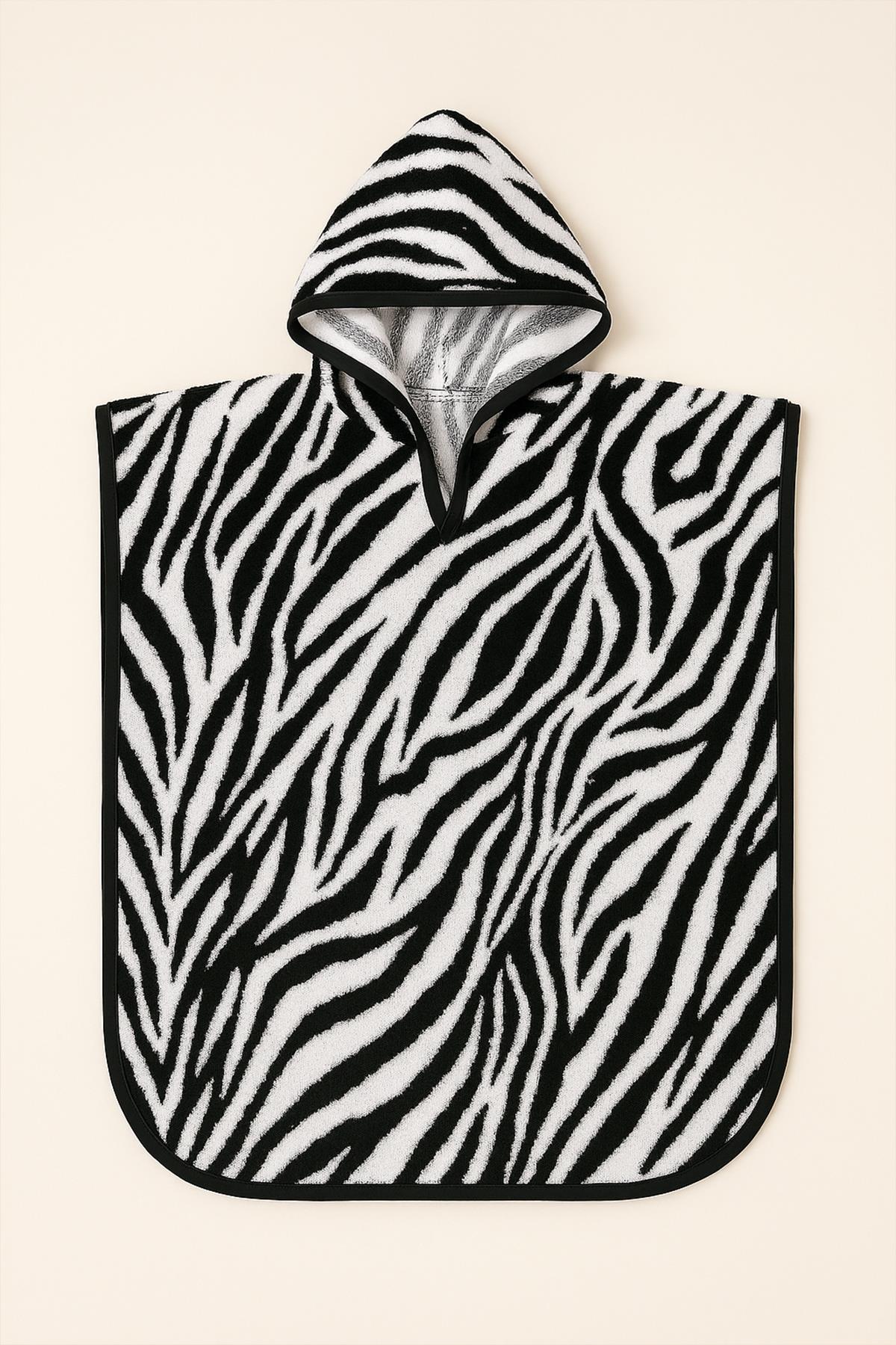 Wild Spirit Zebra Desenli Havlu Panço – %100 Pamuk Kapüşonlu Zebra Desen-Siyah Biyeli - Ender Home