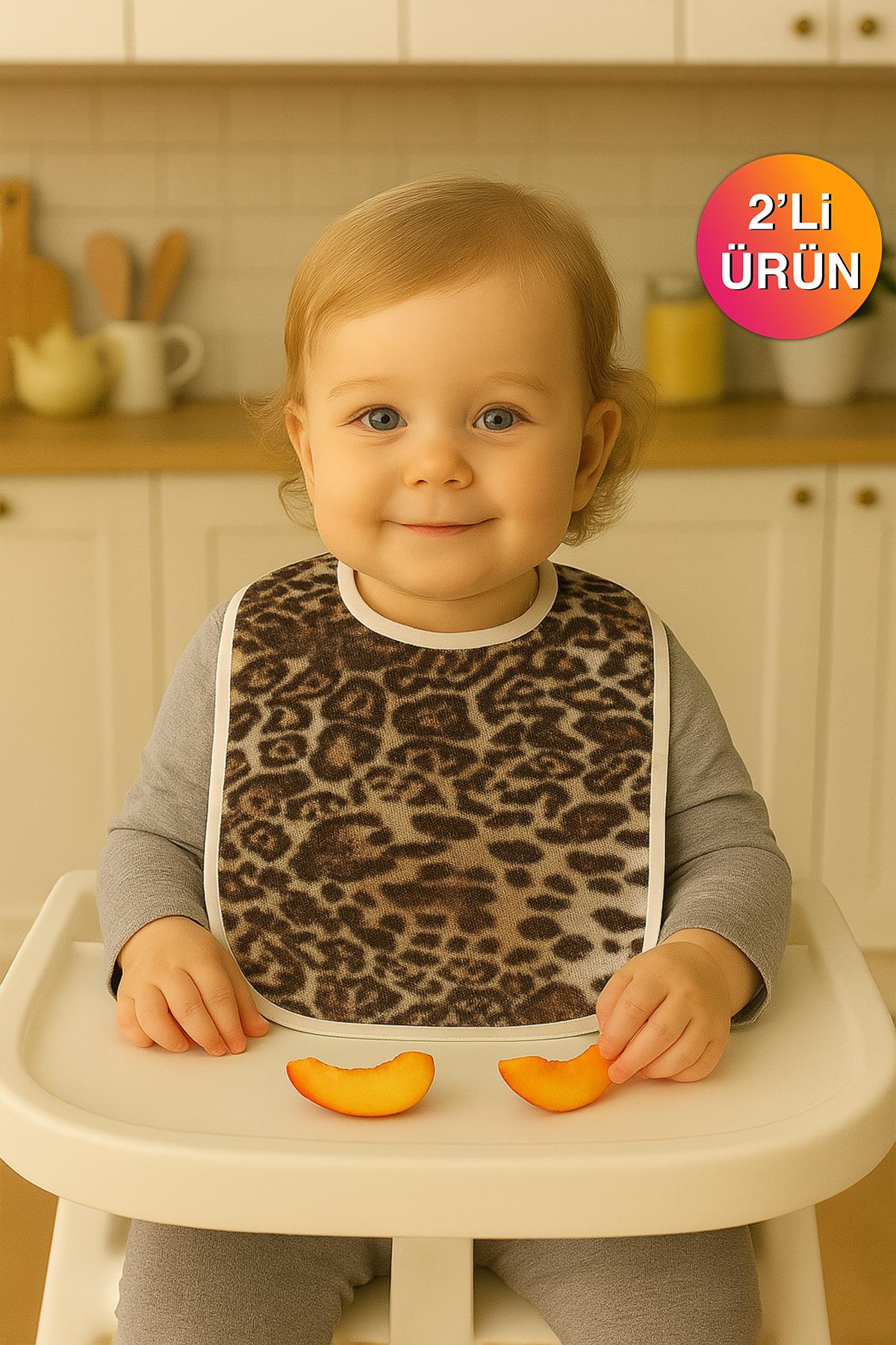 Wild Sprit 2'li Leopar Desen Havlu Bebek Mama Önlüğü - 25x30Cm Leopar Baskılı- Ekru Biyeli - Ender Home