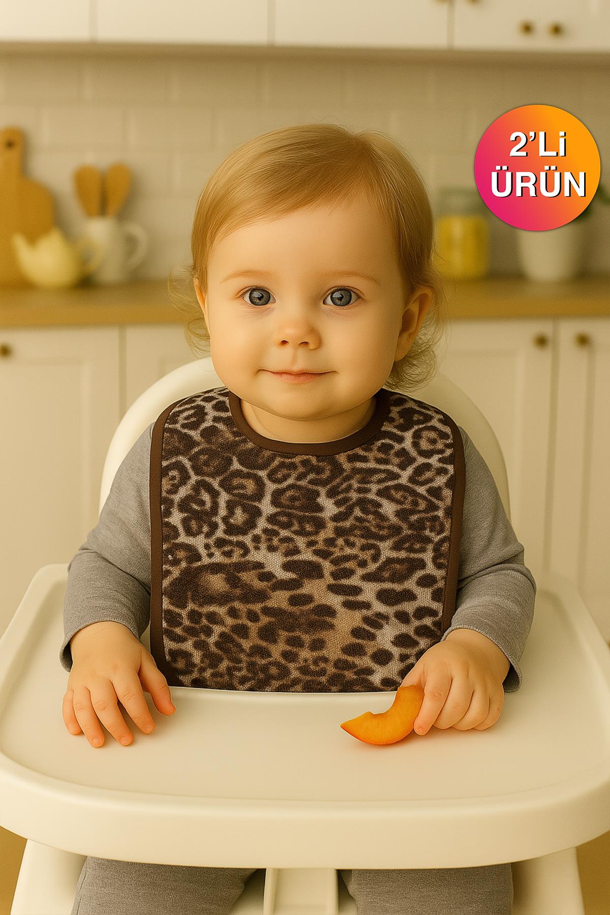 Wild Sprit 2'li Leopar Desen Havlu Bebek Mama Önlüğü - 25x30Cm Leopar Baskılı- Kahve Biyeli - Ender Home